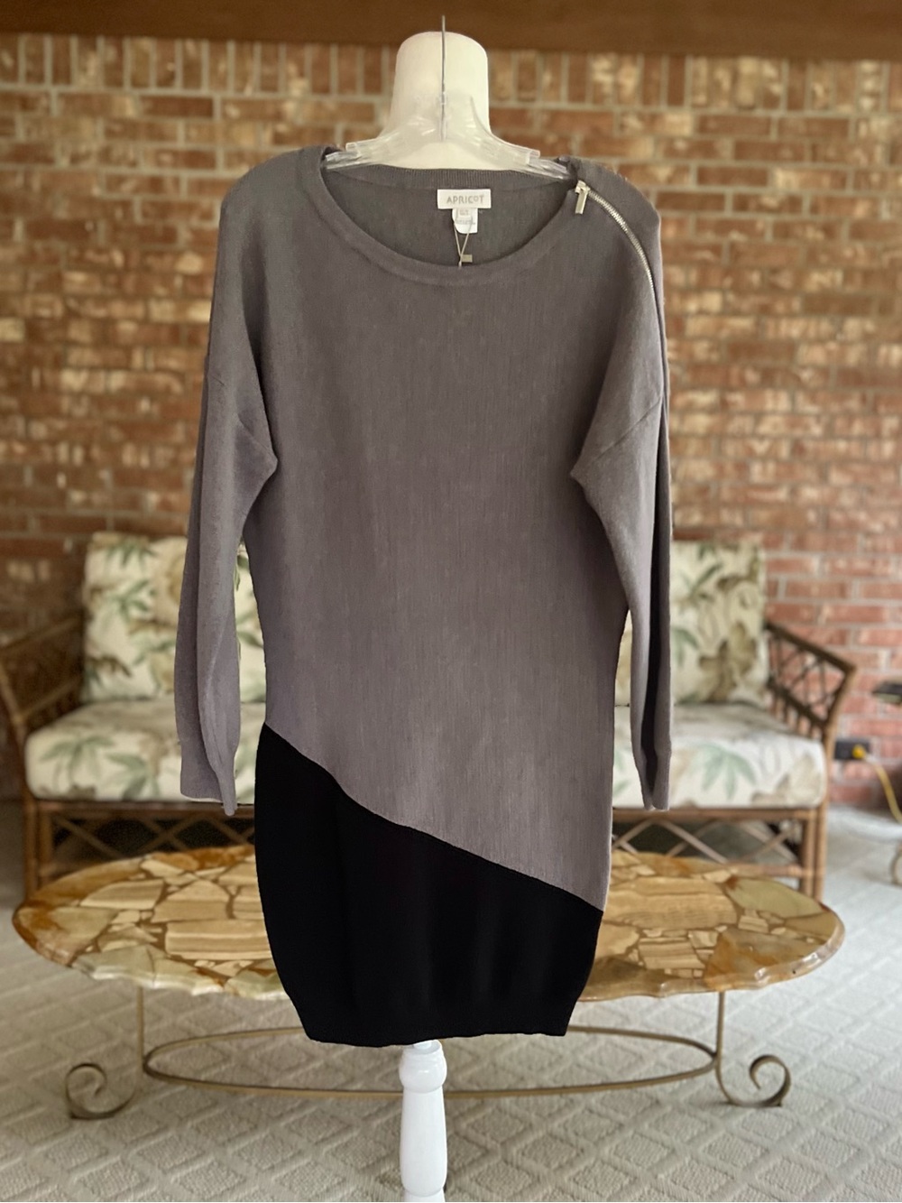 Apricot Knit Sweater Dress Grey Black Colorblock Long Sleeve Zipper Mini S NWT